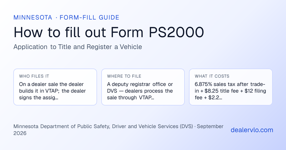 How to fill out the Minnesota Form PS2000 (Application to Title and Register a Vehicle) for used car dealers: who files it, where to file it, and the cost — a field-by-field guide