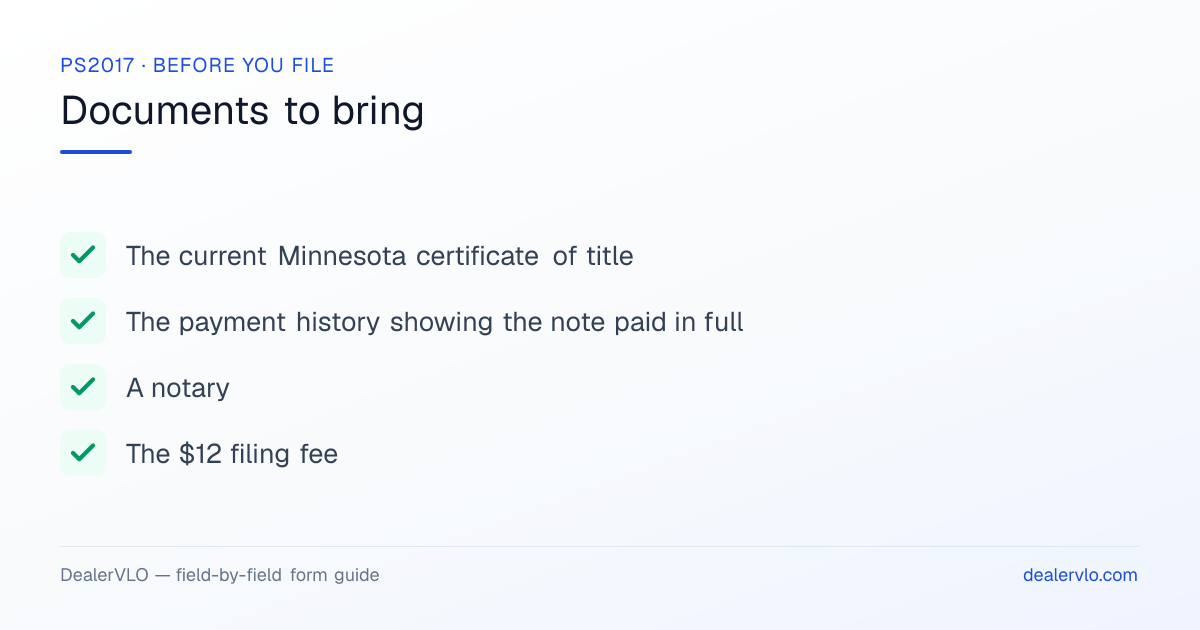 Documents to bring when filing the Minnesota PS2017: The current Minnesota certificate of title, The payment history showing the note paid in full, A notary.