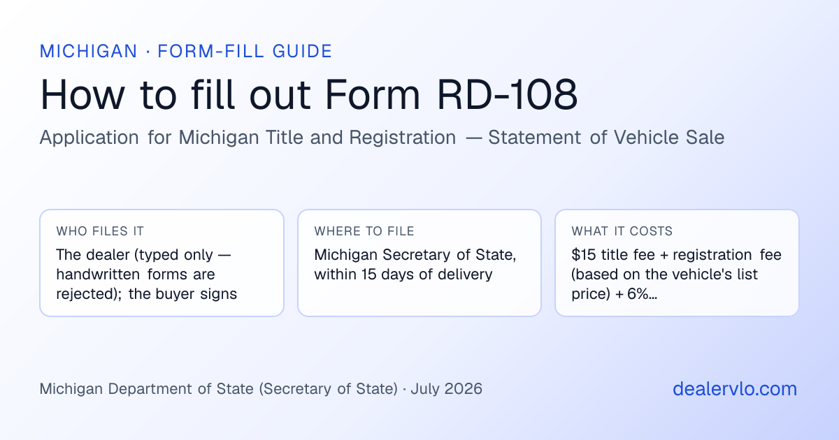 How to fill out the Michigan Form RD-108 (Application for Michigan Title and Registration — Statement of Vehicle Sale) for used car dealers: who files it, where to file it, and the cost — a field-by-field guide