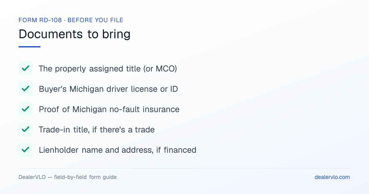 Documents to bring when filing the Michigan Form RD-108: The properly assigned title (or MCO), Buyer's Michigan driver license or ID, Proof of Michigan no-fault insurance.