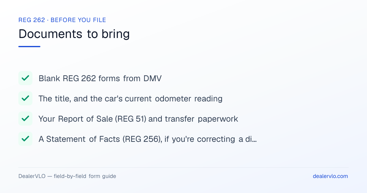 Documents to bring when filing the California REG 262: Blank REG 262 forms from DMV, The title, and the car's current odometer reading, Your Report of Sale (REG 51) and transfer paperwork.