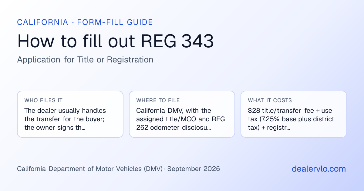 How to fill out the California REG 343 (Application for Title or Registration) for used car dealers: who files it, where to file it, and the cost — a field-by-field guide