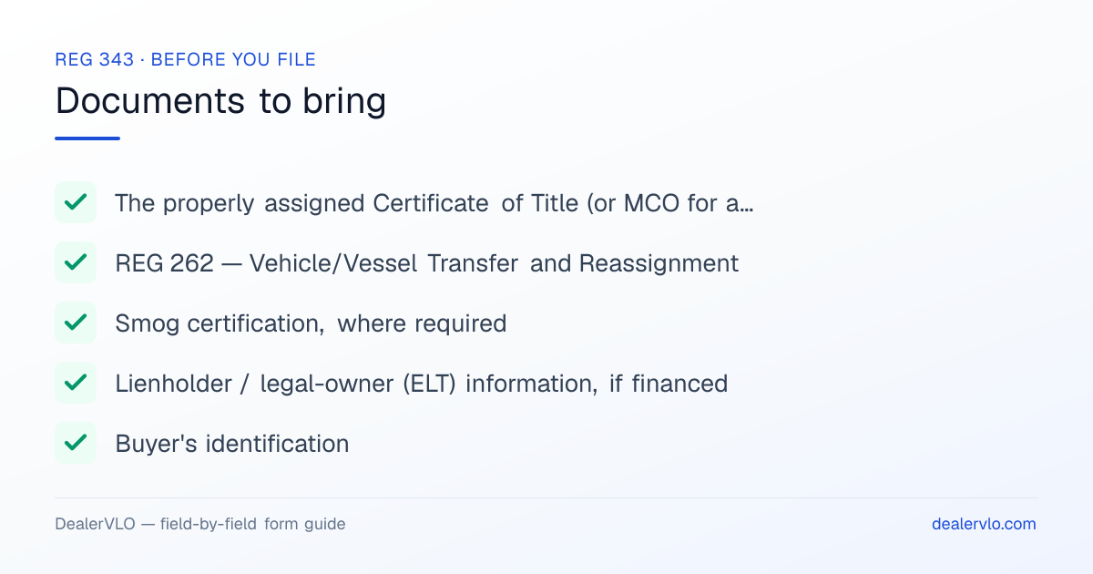 Documents to bring when filing the California REG 343: The properly assigned Certificate of Title (or MCO for a new unit), REG 262 — Vehicle/Vessel Transfer and Reassignment, Smog certification, where required.