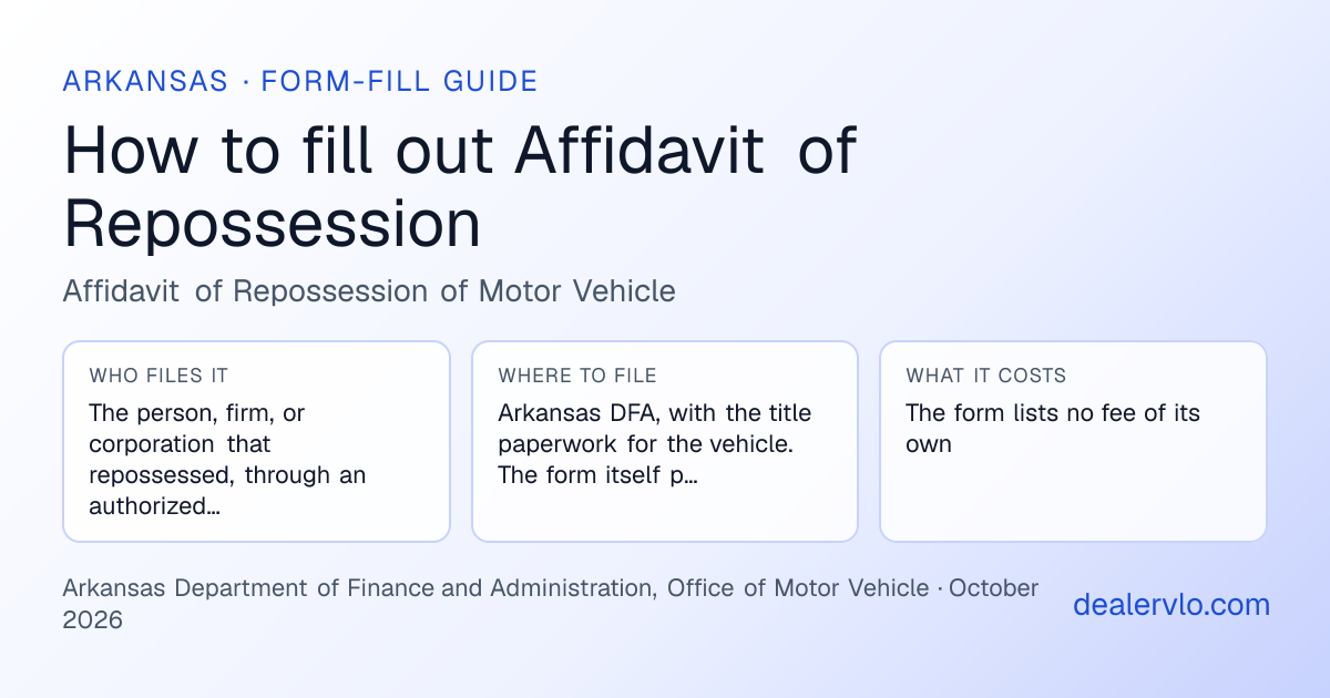 How to fill out the Arkansas Affidavit of Repossession (Affidavit of Repossession of Motor Vehicle) for used car dealers: who files it, where to file it, and the cost — a field-by-field guide