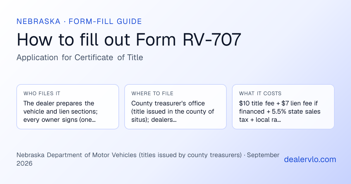 How to fill out the Nebraska Form RV-707 (Application for Certificate of Title) for used car dealers: who files it, where to file it, and the cost — a field-by-field guide