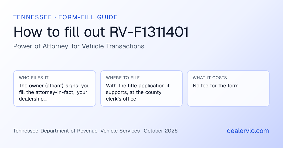 How to fill out the Tennessee RV-F1311401 (Power of Attorney for Vehicle Transactions) for used car dealers: who files it, where to file it, and the cost — a field-by-field guide