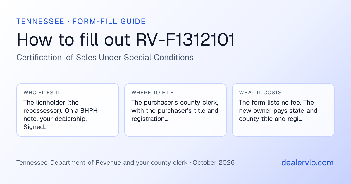 How to fill out the Tennessee RV-F1312101 (Certification of Sales Under Special Conditions) for used car dealers: who files it, where to file it, and the cost — a field-by-field guide