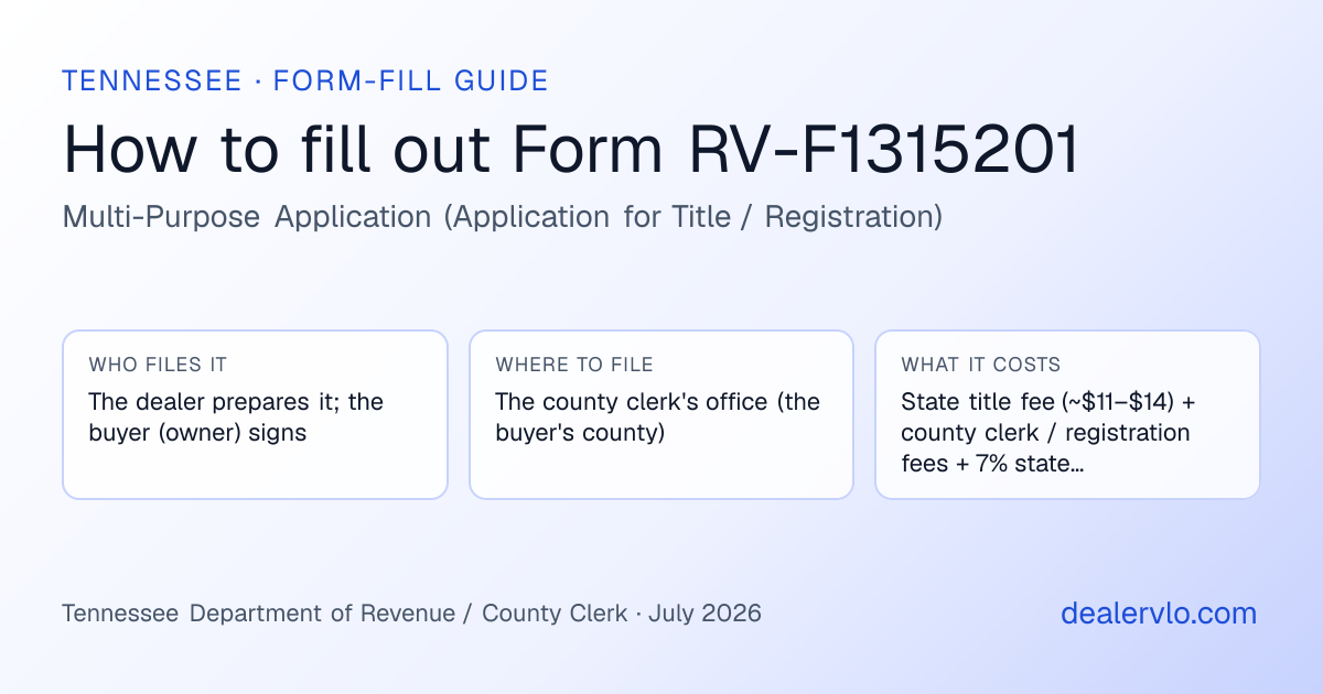 How to fill out the Tennessee Form RV-F1315201 (Multi-Purpose Application (Application for Title / Registration)) for used car dealers: who files it, where to file it, and the cost — a field-by-field guide