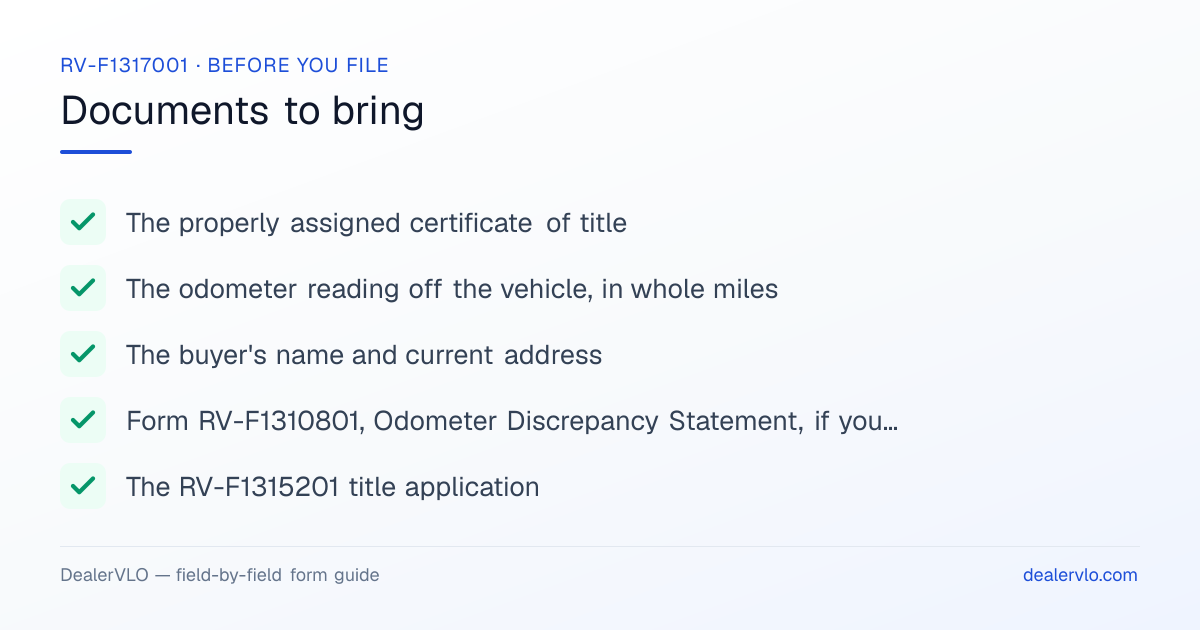 Documents to bring when filing the Tennessee RV-F1317001: The properly assigned certificate of title, The odometer reading off the vehicle, in whole miles, The buyer's name and current address.