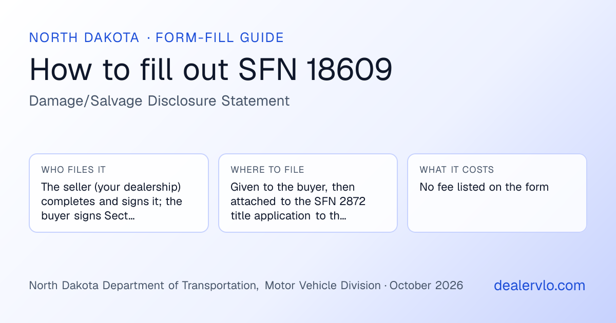 How to fill out the North Dakota SFN 18609 (Damage/Salvage Disclosure Statement) for used car dealers: who files it, where to file it, and the cost — a field-by-field guide