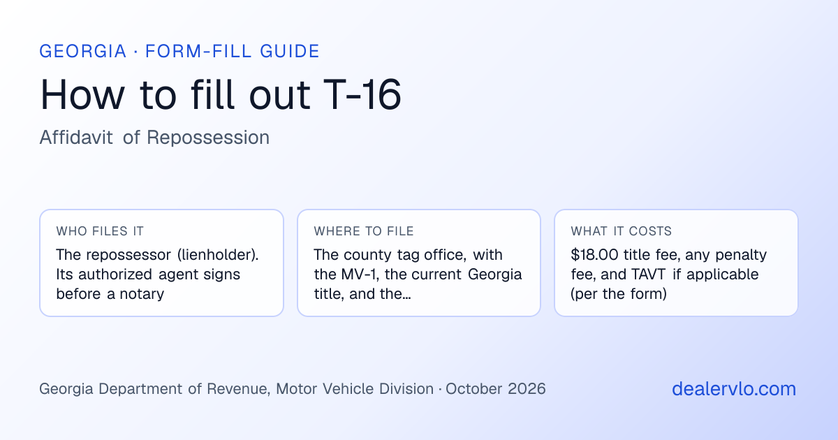 How to fill out the Georgia T-16 (Affidavit of Repossession) for used car dealers: who files it, where to file it, and the cost — a field-by-field guide