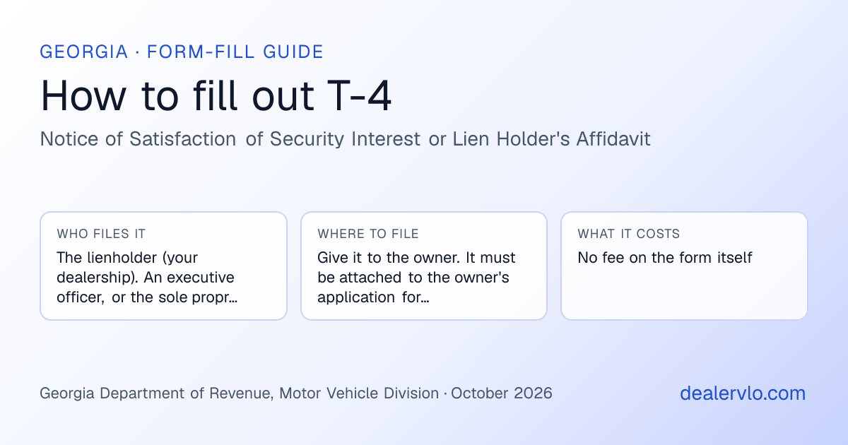 How to fill out the Georgia T-4 (Notice of Satisfaction of Security Interest or Lien Holder's Affidavit) for used car dealers: who files it, where to file it, and the cost — a field-by-field guide
