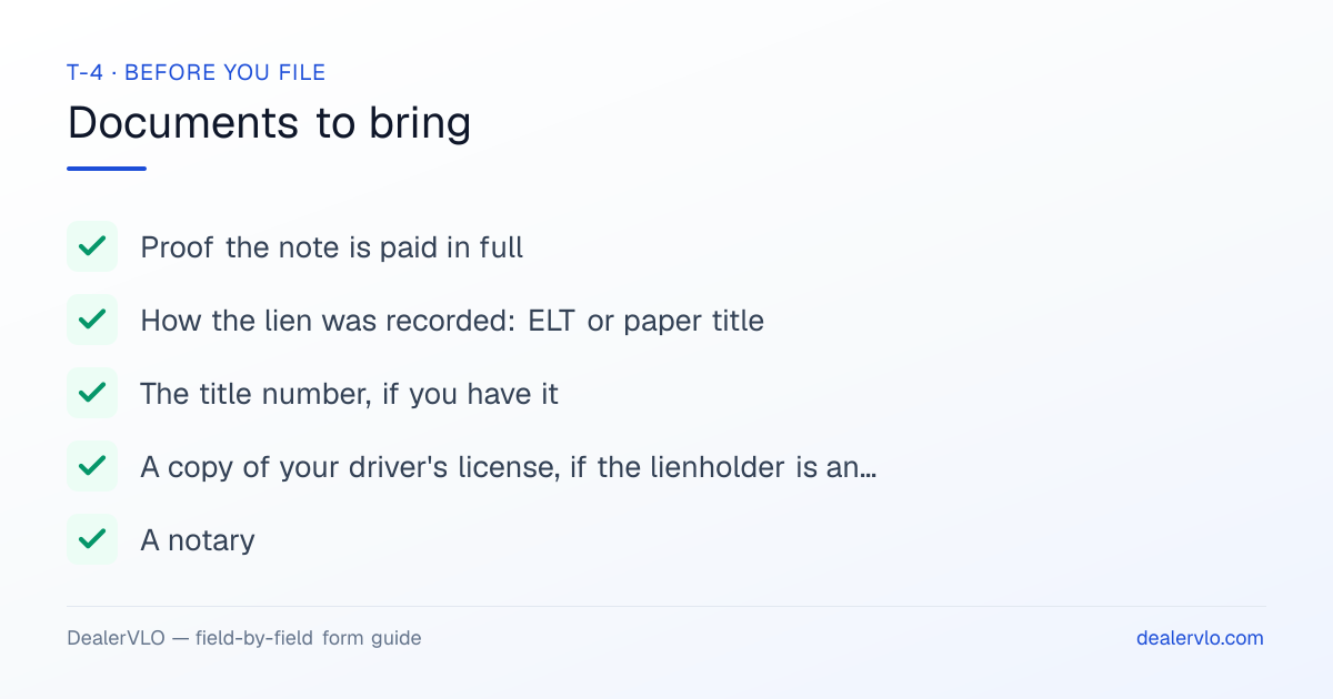 Documents to bring when filing the Georgia T-4: Proof the note is paid in full, How the lien was recorded: ELT or paper title, The title number, if you have it.