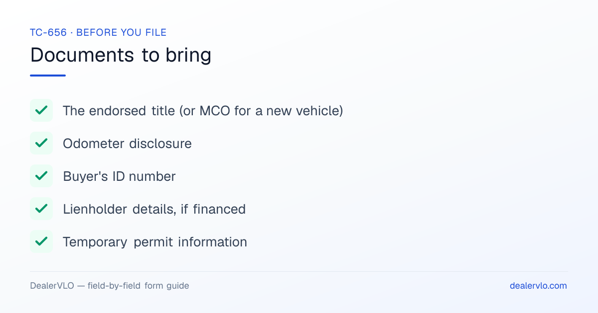 Documents to bring when filing the Utah TC-656: The endorsed title (or MCO for a new vehicle), Odometer disclosure, Buyer's ID number.