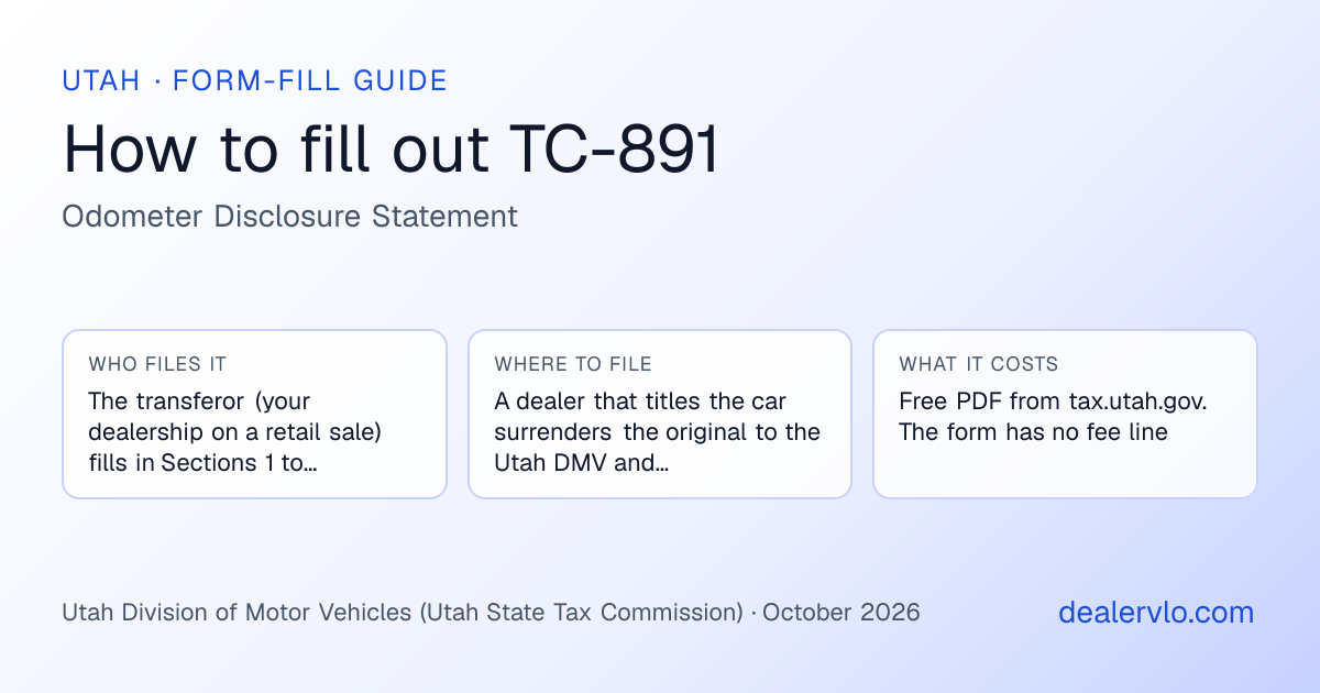 How to fill out the Utah TC-891 (Odometer Disclosure Statement) for used car dealers: who files it, where to file it, and the cost — a field-by-field guide