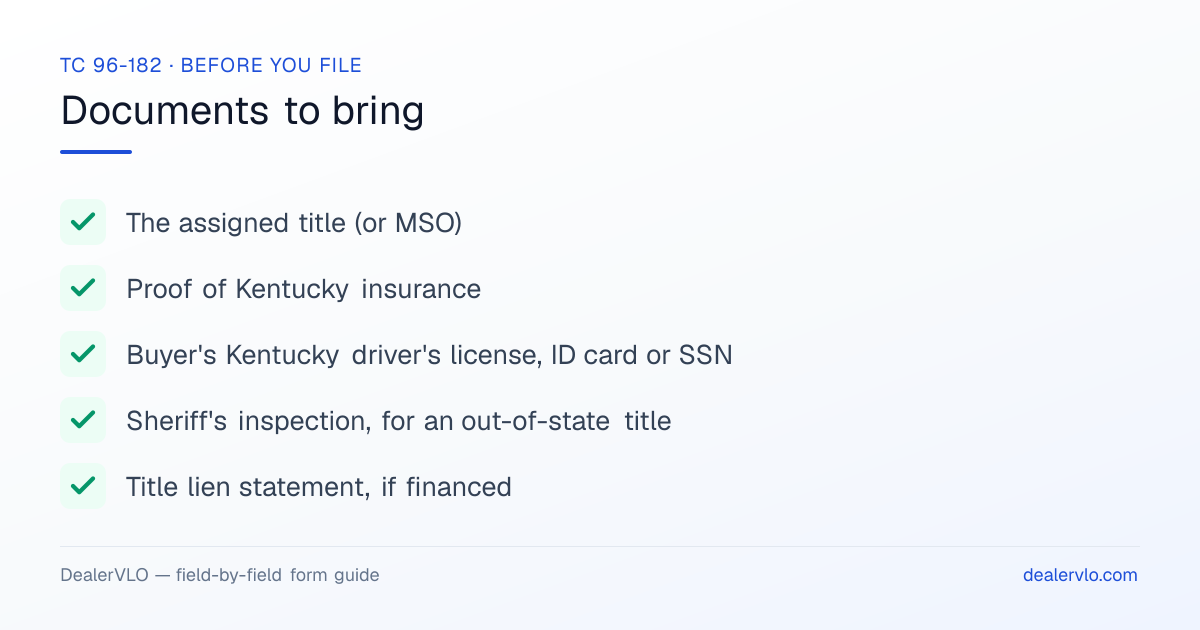 Documents to bring when filing the Kentucky TC 96-182: The assigned title (or MSO), Proof of Kentucky insurance, Buyer's Kentucky driver's license, ID card or SSN.