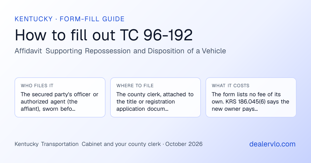 How to fill out the Kentucky TC 96-192 (Affidavit Supporting Repossession and Disposition of a Vehicle) for used car dealers: who files it, where to file it, and the cost — a field-by-field guide