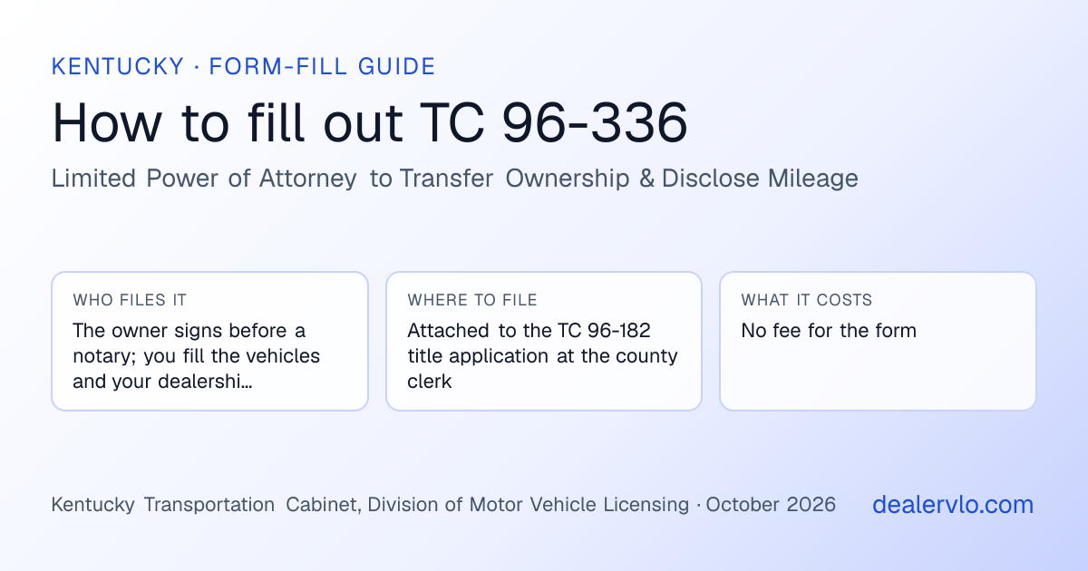 How to fill out the Kentucky TC 96-336 (Limited Power of Attorney to Transfer Ownership & Disclose Mileage) for used car dealers: who files it, where to file it, and the cost — a field-by-field guide