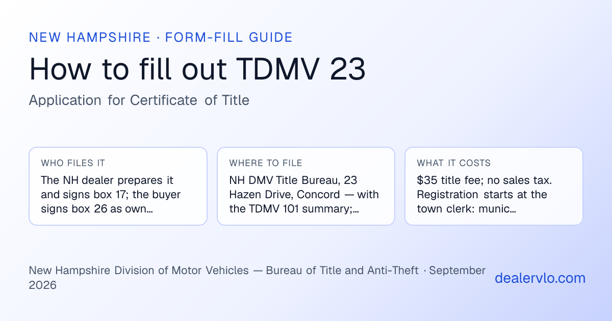 How to fill out the New Hampshire TDMV 23 (Application for Certificate of Title) for used car dealers: who files it, where to file it, and the cost — a field-by-field guide