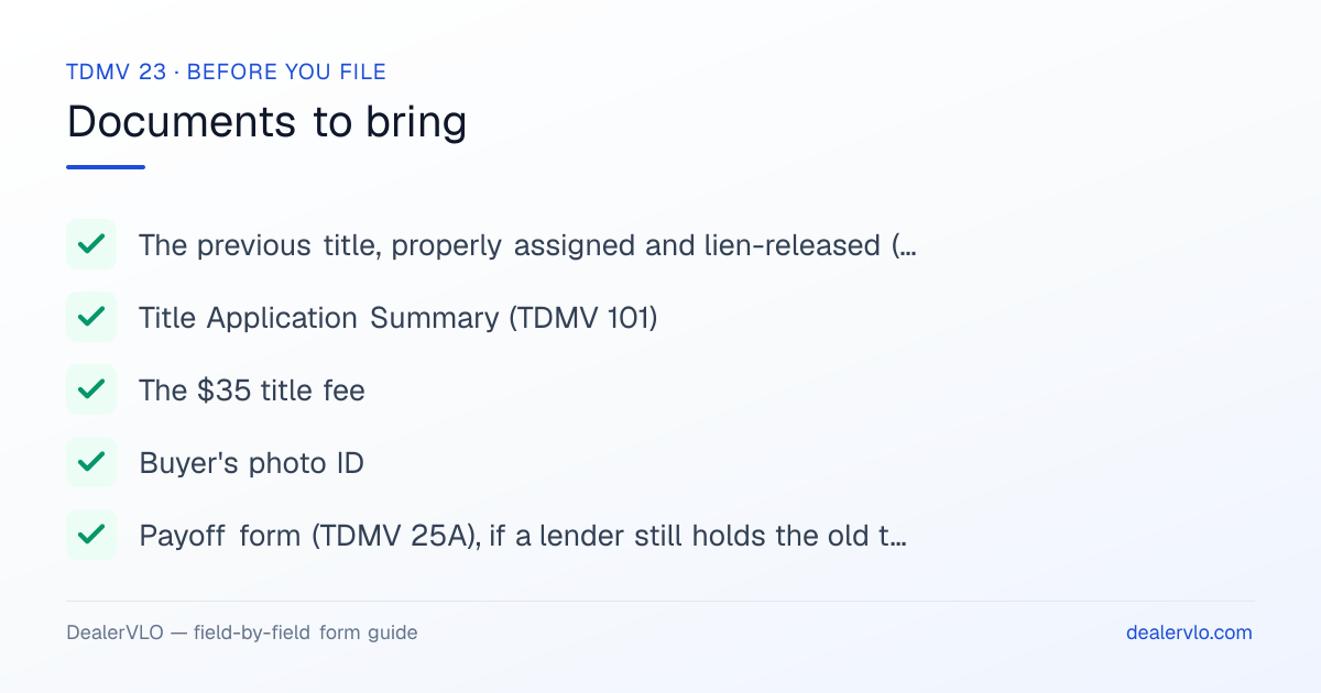 Documents to bring when filing the New Hampshire TDMV 23: The previous title, properly assigned and lien-released (or the MCO for a new vehicle), Title Application Summary (TDMV 101), The $35 title fee.