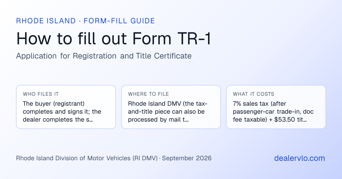 How to fill out the Rhode Island Form TR-1 (Application for Registration and Title Certificate) for used car dealers: who files it, where to file it, and the cost — a field-by-field guide