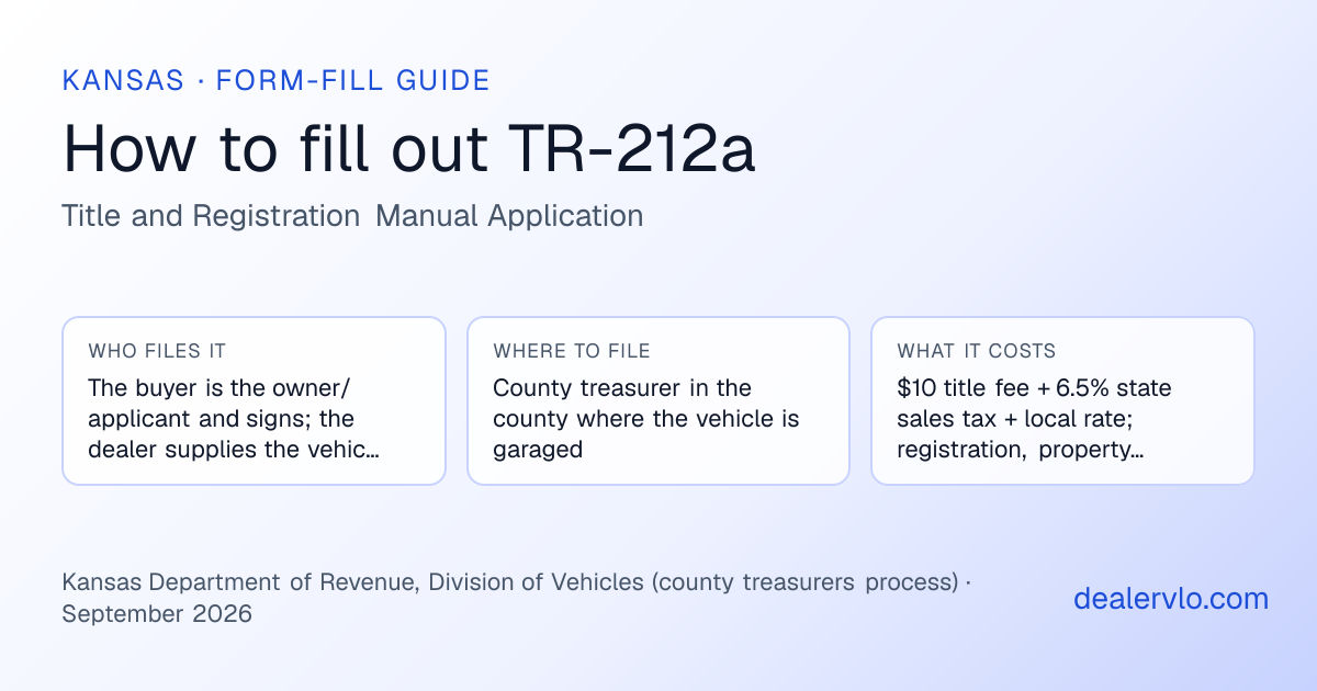 How to fill out the Kansas TR-212a (Title and Registration Manual Application) for used car dealers: who files it, where to file it, and the cost — a field-by-field guide