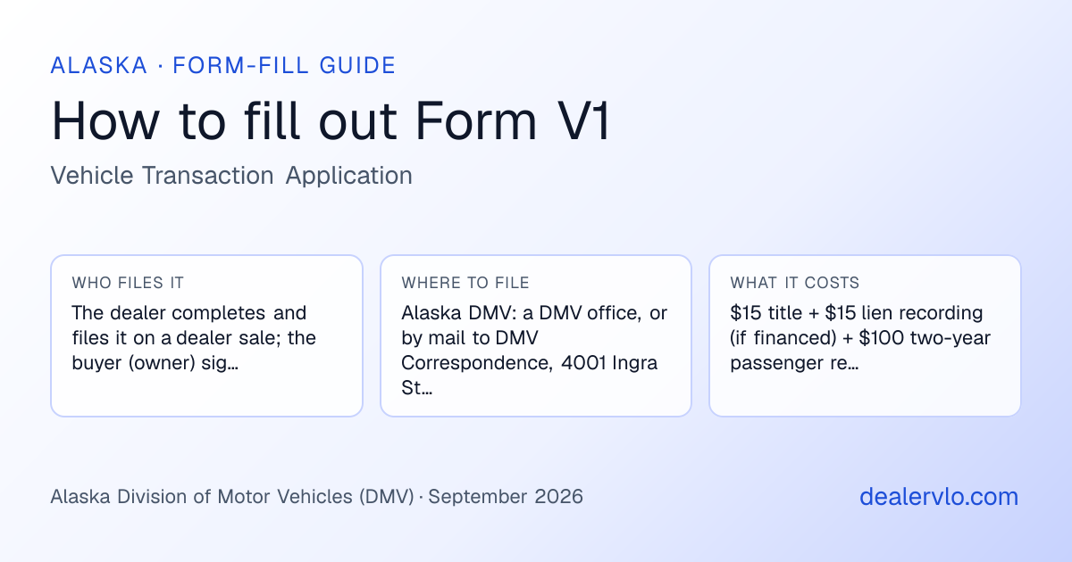 How to fill out the Alaska Form V1 (Vehicle Transaction Application) for used car dealers: who files it, where to file it, and the cost — a field-by-field guide