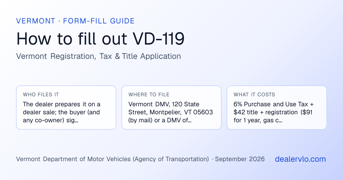 How to fill out the Vermont VD-119 (Vermont Registration, Tax & Title Application) for used car dealers: who files it, where to file it, and the cost — a field-by-field guide