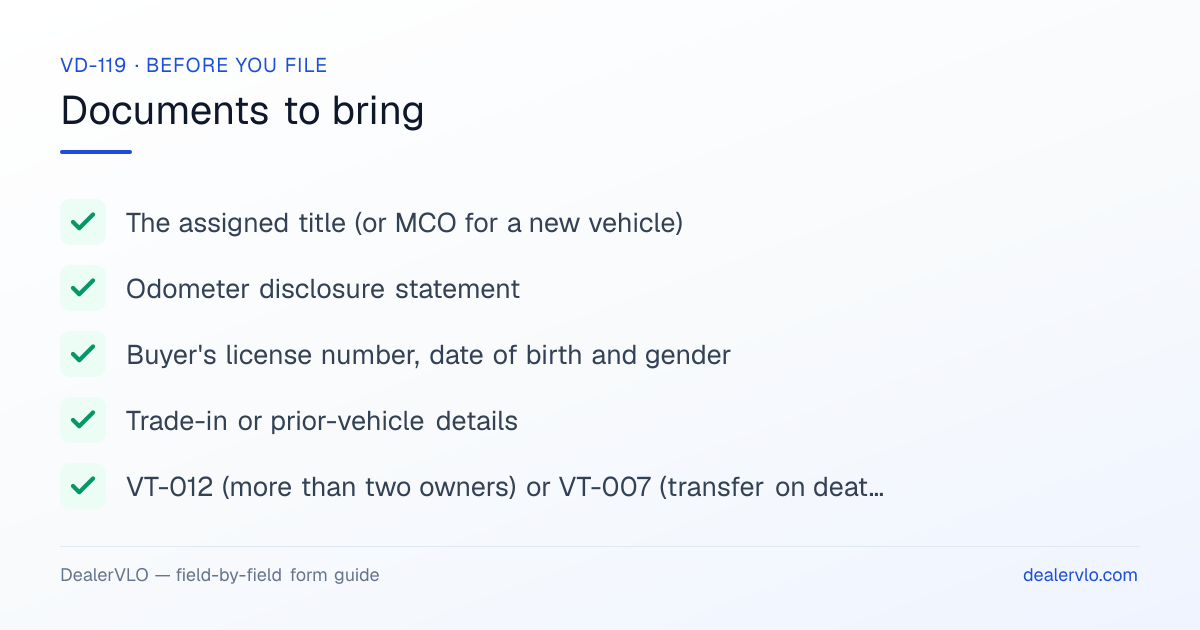 Documents to bring when filing the Vermont VD-119: The assigned title (or MCO for a new vehicle), Odometer disclosure statement, Buyer's license number, date of birth and gender.