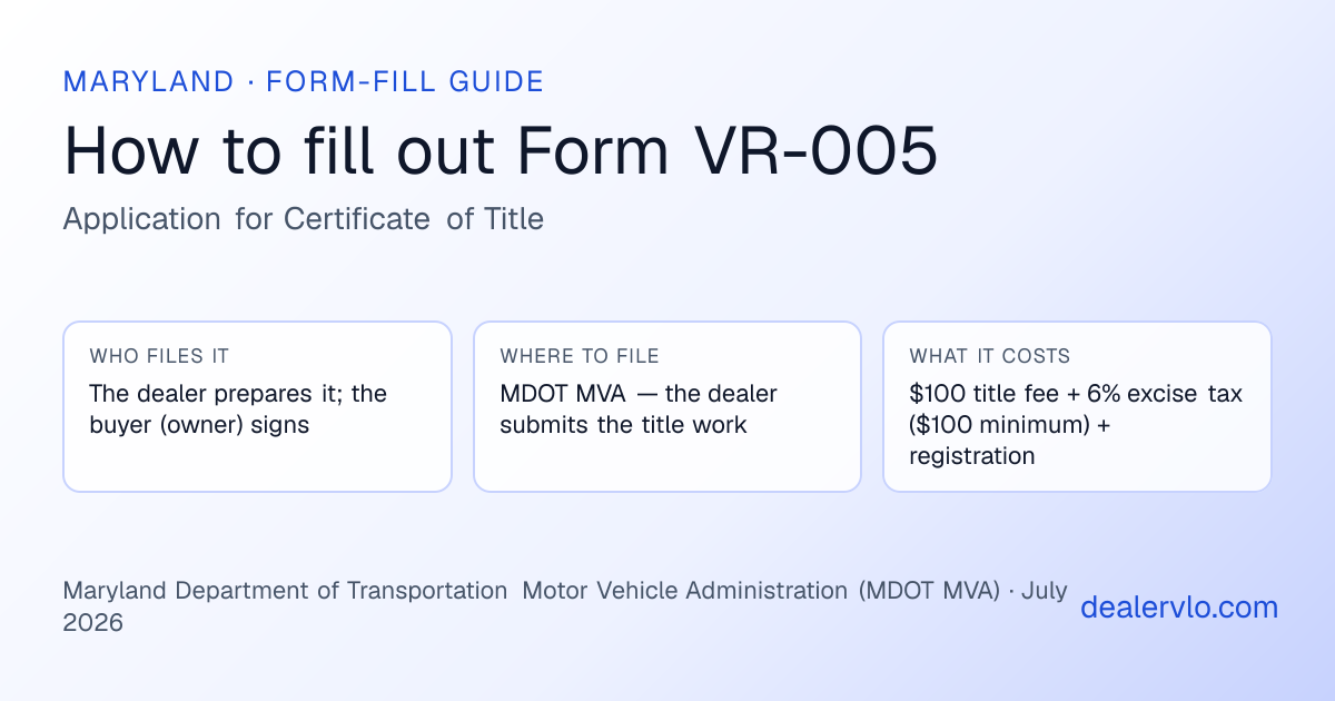 How to fill out the Maryland Form VR-005 (Application for Certificate of Title) for used car dealers: who files it, where to file it, and the cost — a field-by-field guide