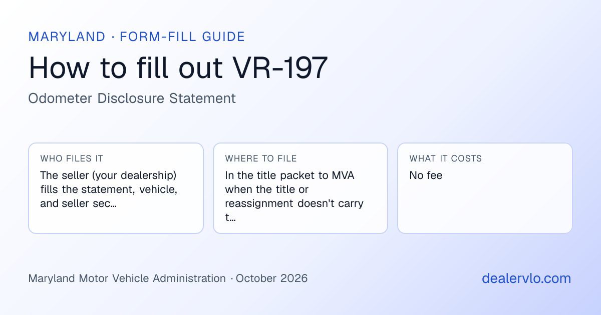 How to fill out the Maryland VR-197 (Odometer Disclosure Statement) for used car dealers: who files it, where to file it, and the cost — a field-by-field guide