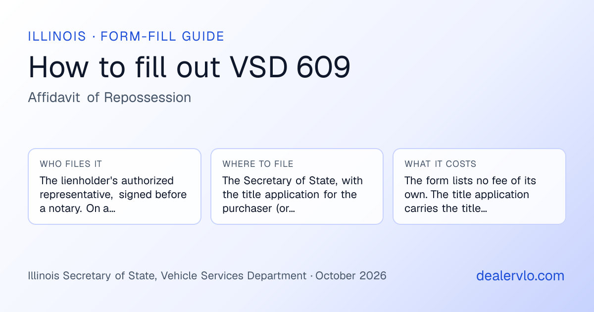 How to fill out the Illinois VSD 609 (Affidavit of Repossession) for used car dealers: who files it, where to file it, and the cost — a field-by-field guide