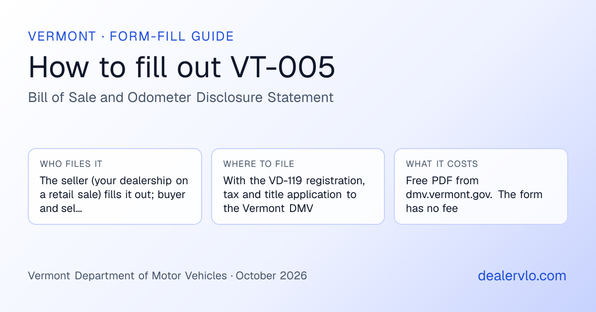 How to fill out the Vermont VT-005 (Bill of Sale and Odometer Disclosure Statement) for used car dealers: who files it, where to file it, and the cost — a field-by-field guide