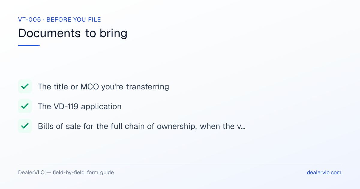Documents to bring when filing the Vermont VT-005: The title or MCO you're transferring, The VD-119 application, Bills of sale for the full chain of ownership, when the vehicle wasn't previously titled.