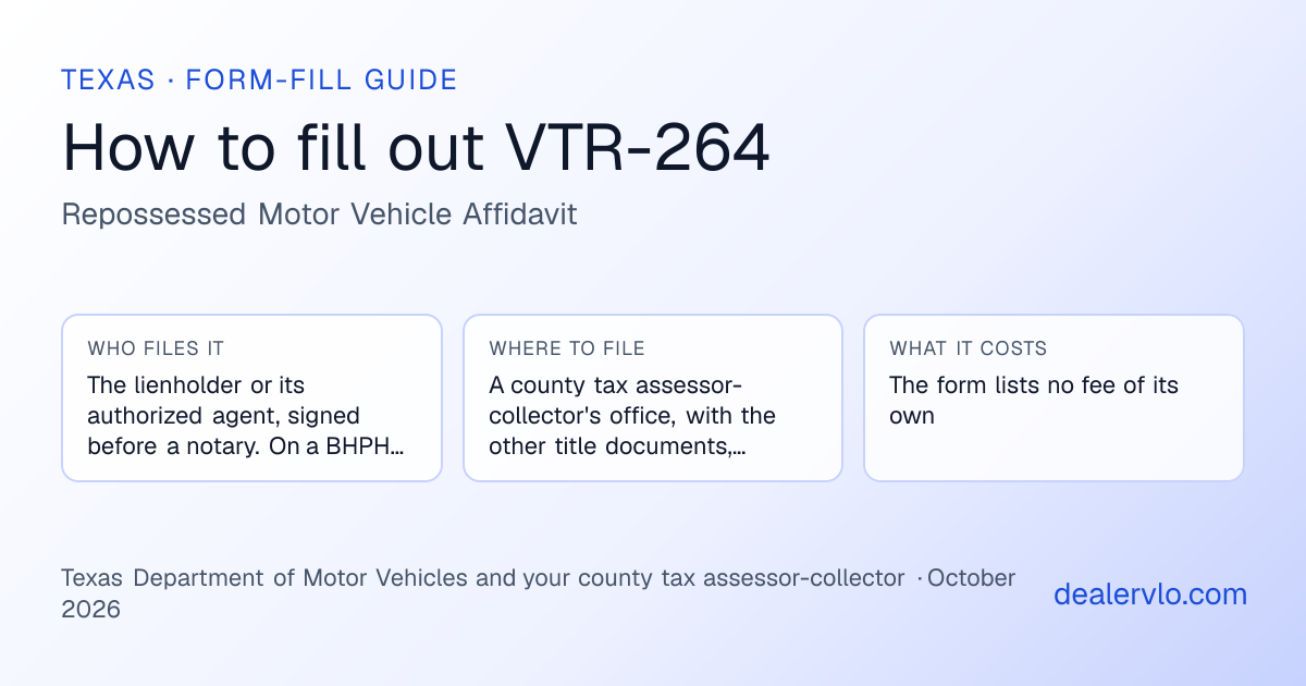 How to fill out the Texas VTR-264 (Repossessed Motor Vehicle Affidavit) for used car dealers: who files it, where to file it, and the cost — a field-by-field guide