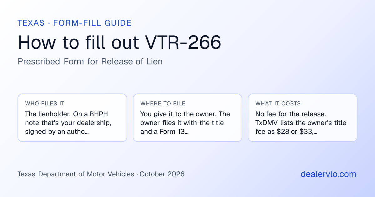 How to fill out the Texas VTR-266 (Prescribed Form for Release of Lien) for used car dealers: who files it, where to file it, and the cost — a field-by-field guide