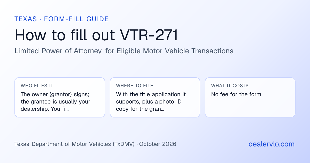 How to fill out the Texas VTR-271 (Limited Power of Attorney for Eligible Motor Vehicle Transactions) for used car dealers: who files it, where to file it, and the cost — a field-by-field guide