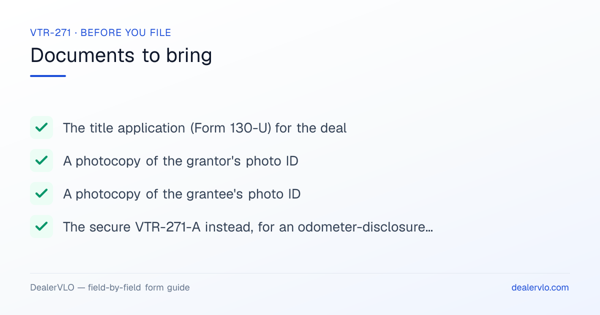 Documents to bring when filing the Texas VTR-271: The title application (Form 130-U) for the deal, A photocopy of the grantor's photo ID, A photocopy of the grantee's photo ID.
