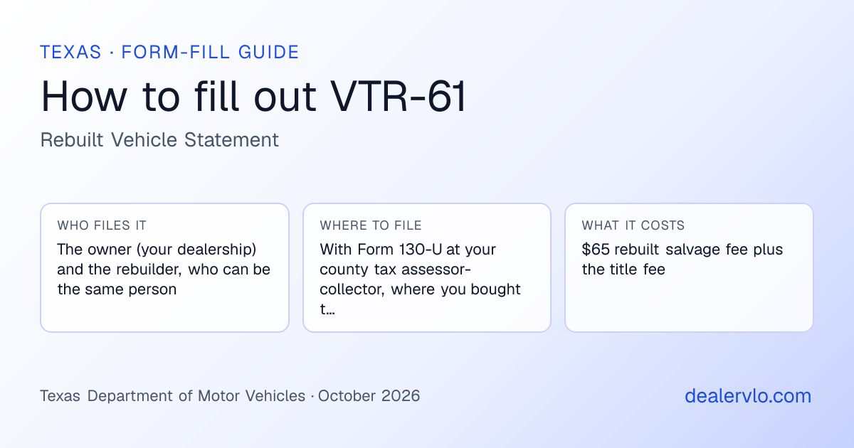 How to fill out the Texas VTR-61 (Rebuilt Vehicle Statement) for used car dealers: who files it, where to file it, and the cost — a field-by-field guide