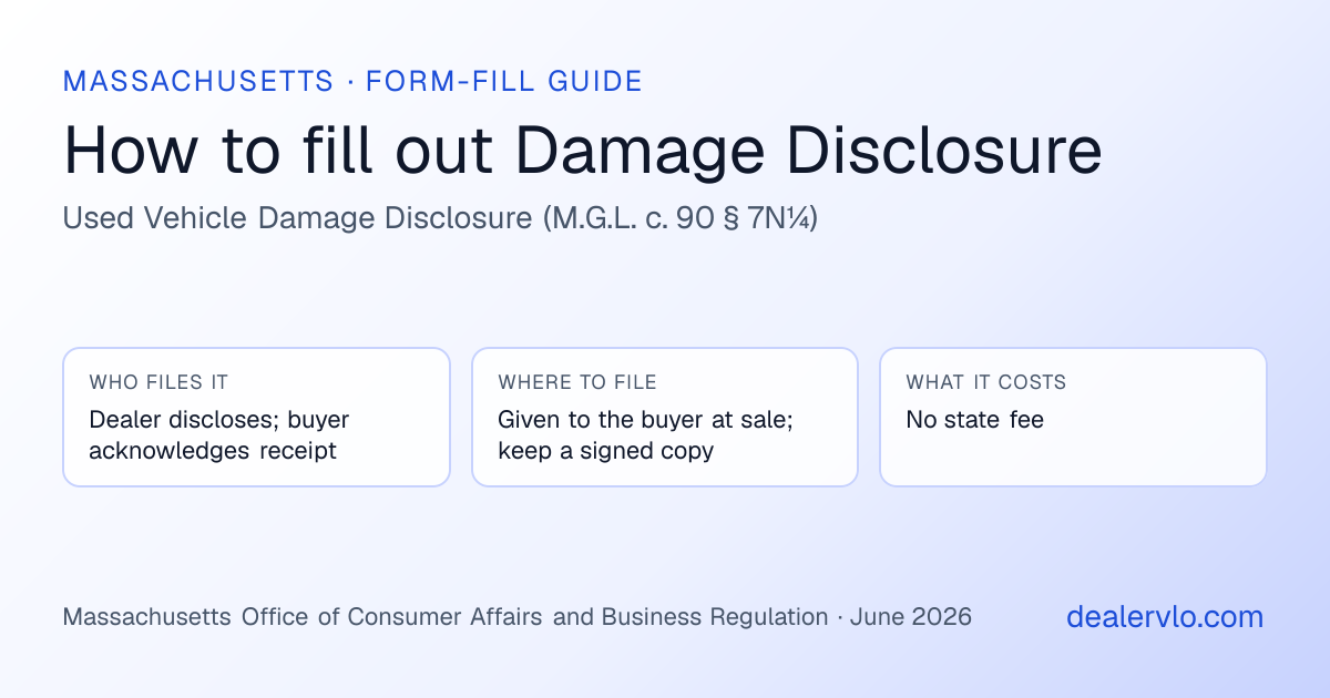 How to fill out the Massachusetts Damage Disclosure (Used Vehicle Damage Disclosure (M.G.L. c. 90 § 7N¼)) for used car dealers: who files it, where to file it, and the cost — a field-by-field guide