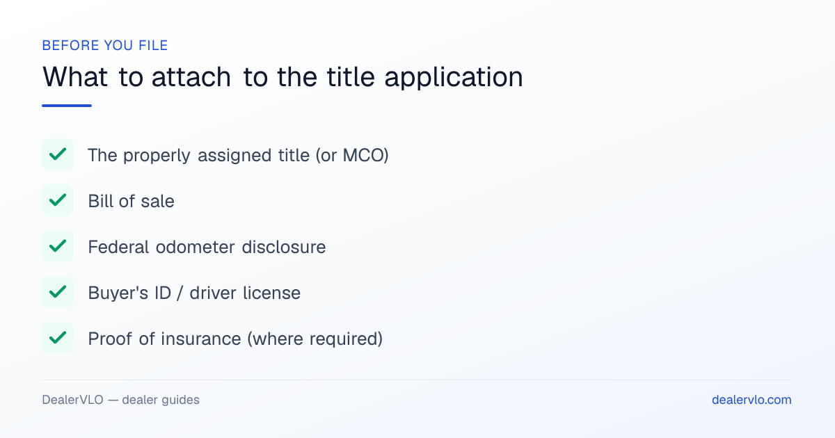 What to attach to a state title application before filing: the properly assigned title or MCO, bill of sale, federal odometer disclosure, buyer's ID, and proof of insurance where required.