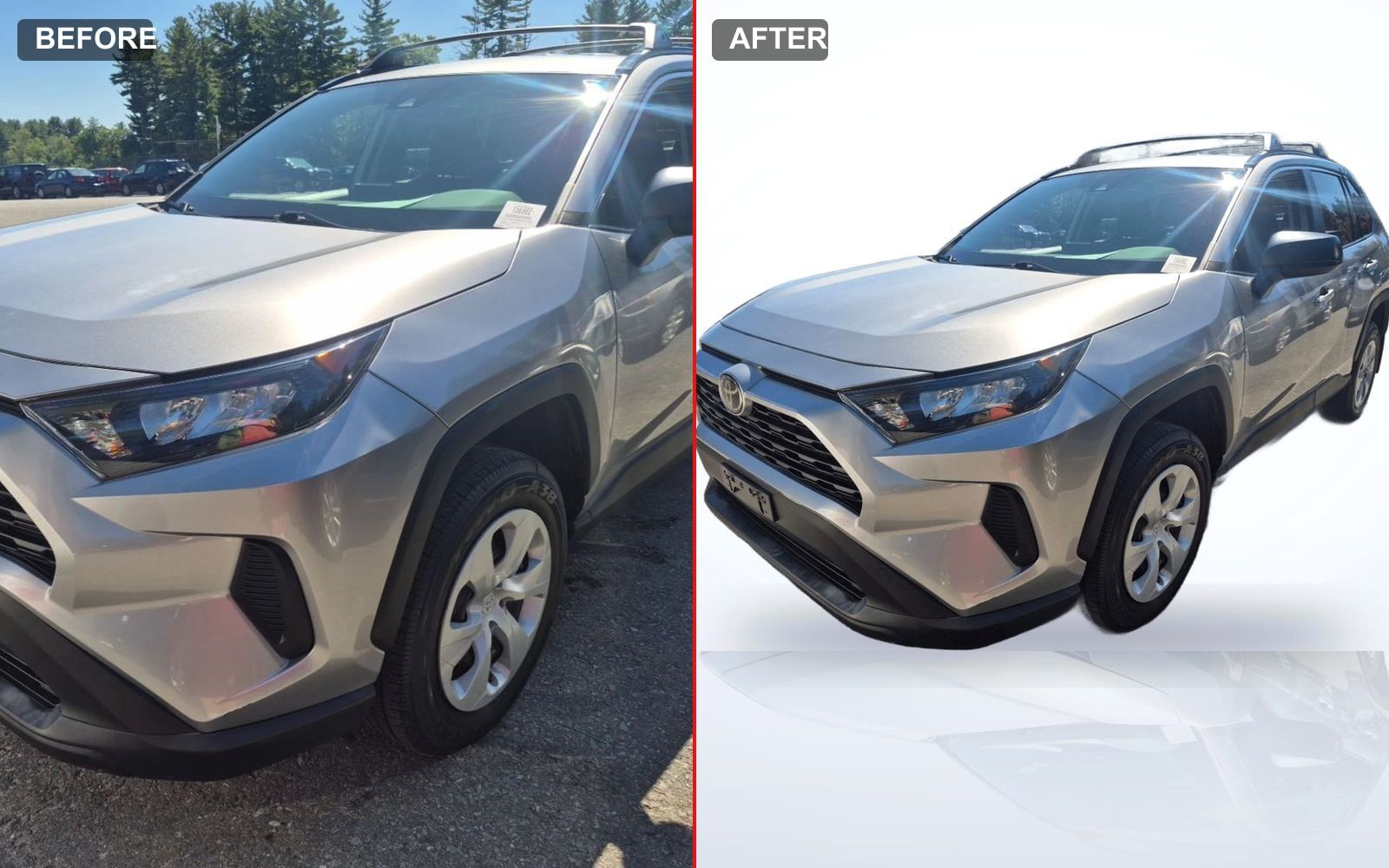 The same used Toyota RAV4 before and after DealerVLO's one-click AI photo enhancement — a harsh lot photo on the left, a clean studio listing shot on the right. Only the background and lighting change; the car itself is untouched.