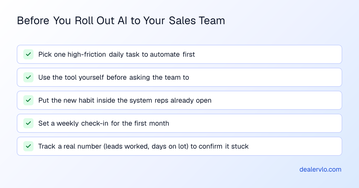 A short checklist for rolling out a daily AI habit on a small used-car sales team without it dying after two weeks.