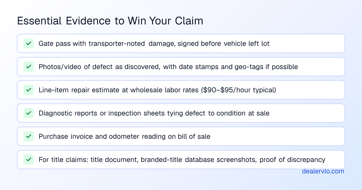 Essential documentation and evidence required to win a wholesale auction arbitration claim