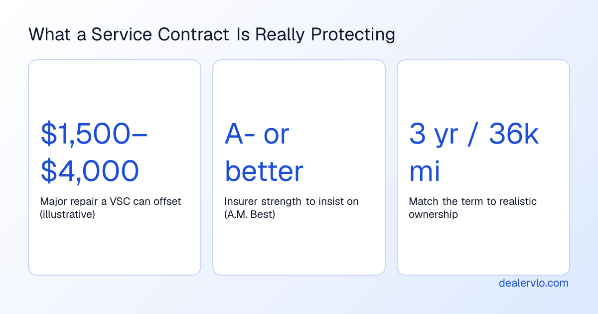 What a vehicle service contract is really protecting: major repair bills, backed by a strong insurer, with the term matched to realistic ownership