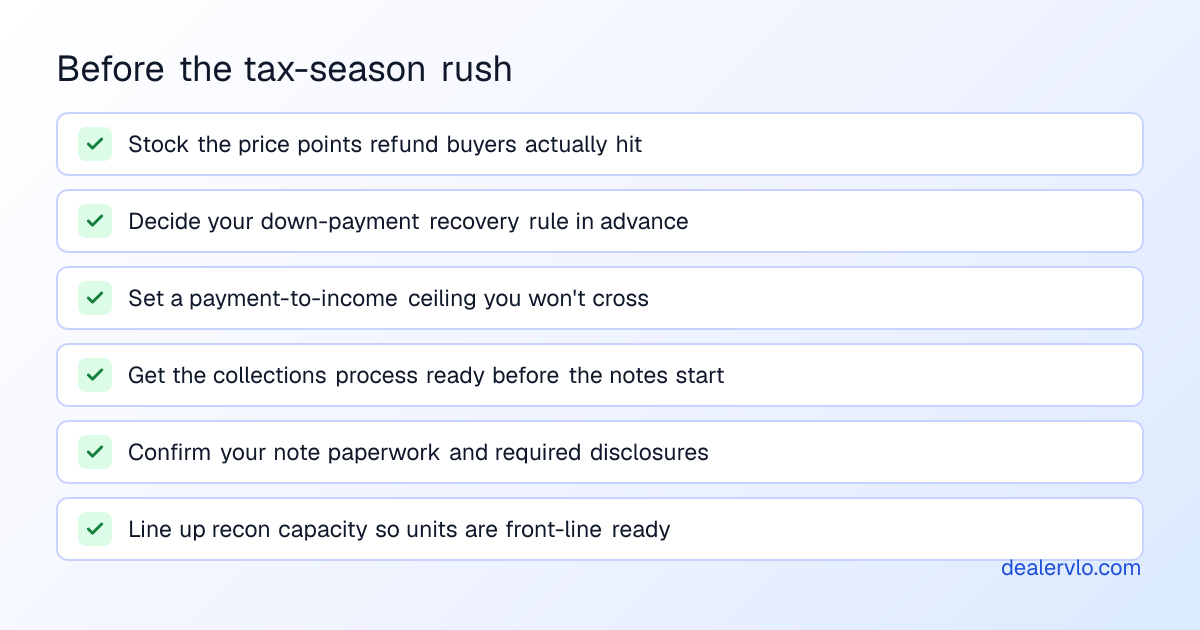 A pre-tax-season checklist for buy-here-pay-here dealers: stock the right price points, set down-payment rules, set payment-to-income limits, ready the collections process, and confirm the note paperwork.