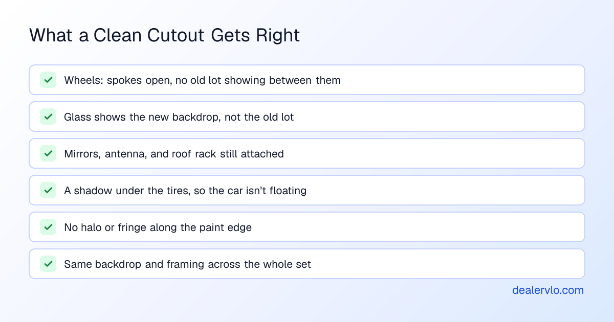 Checklist for a clean car photo cutout: open spokes with no old background between them, glass that shows the new backdrop, mirrors and antennas still attached, a shadow under the tires, no halo along the paint edge, and the same backdrop and framing across the set