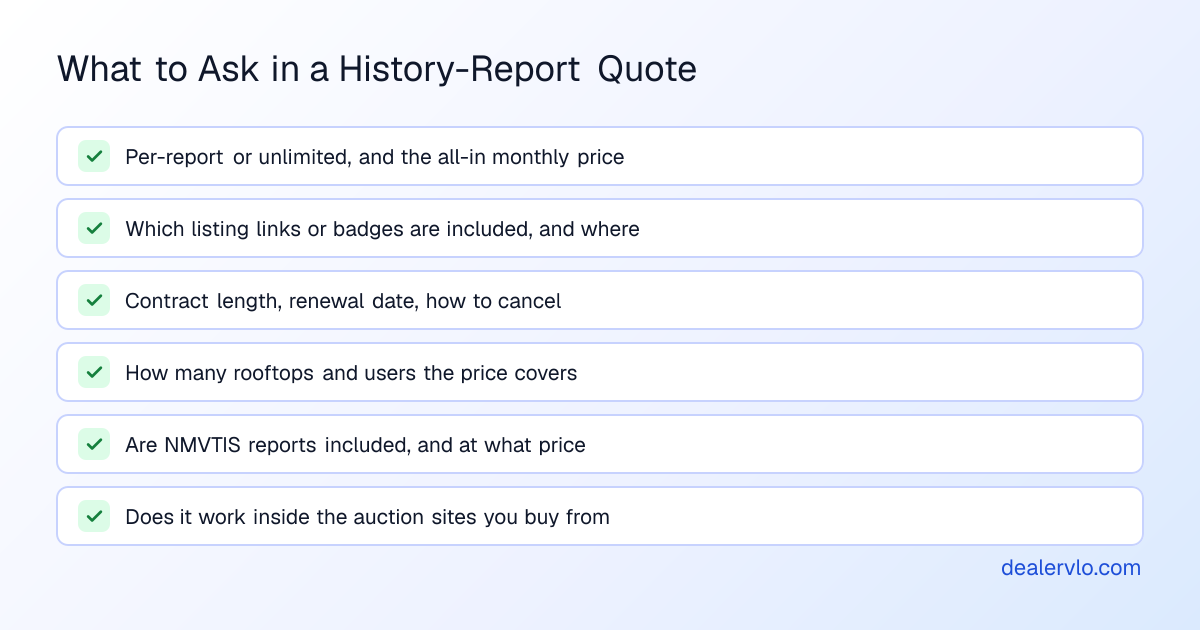 Checklist of questions to ask in a Carfax or AutoCheck dealer quote: per-report or unlimited pricing, what listing integrations and badges are included, contract length and renewal terms, how many rooftops and users are covered, whether NMVTIS reports are included and at what price, and whether auction sign-in works with your account