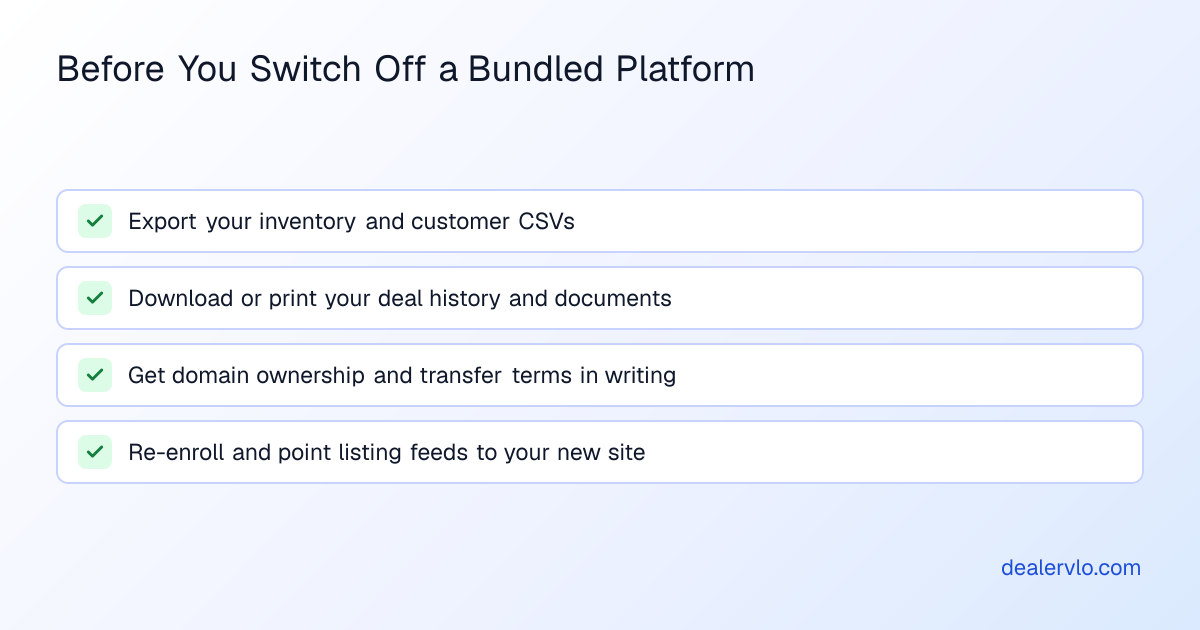 Checklist of the four practical steps a dealer should take before switching away from a bundled platform like Carsforsale.com.
