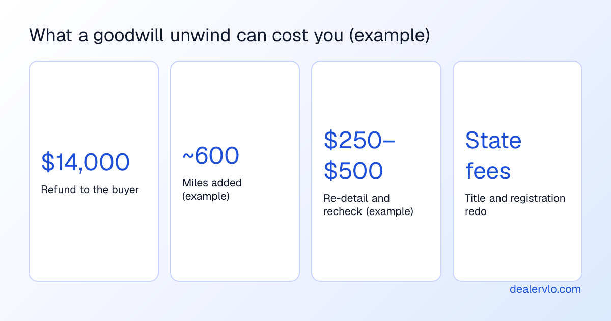 Example of what a goodwill unwind costs a dealer on a $14,000 car: the full refund goes back to the buyer, the car returns with about 600 more miles, a re-detail and recheck of roughly $250 to $500, and your state's title and registration fees to put it back. Example numbers.